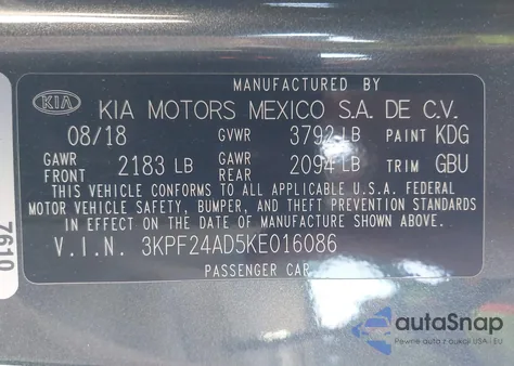 2019 Kia Forte Lxs z USA, uszkodzony, nr VIN 3KPF24AD5KE016086